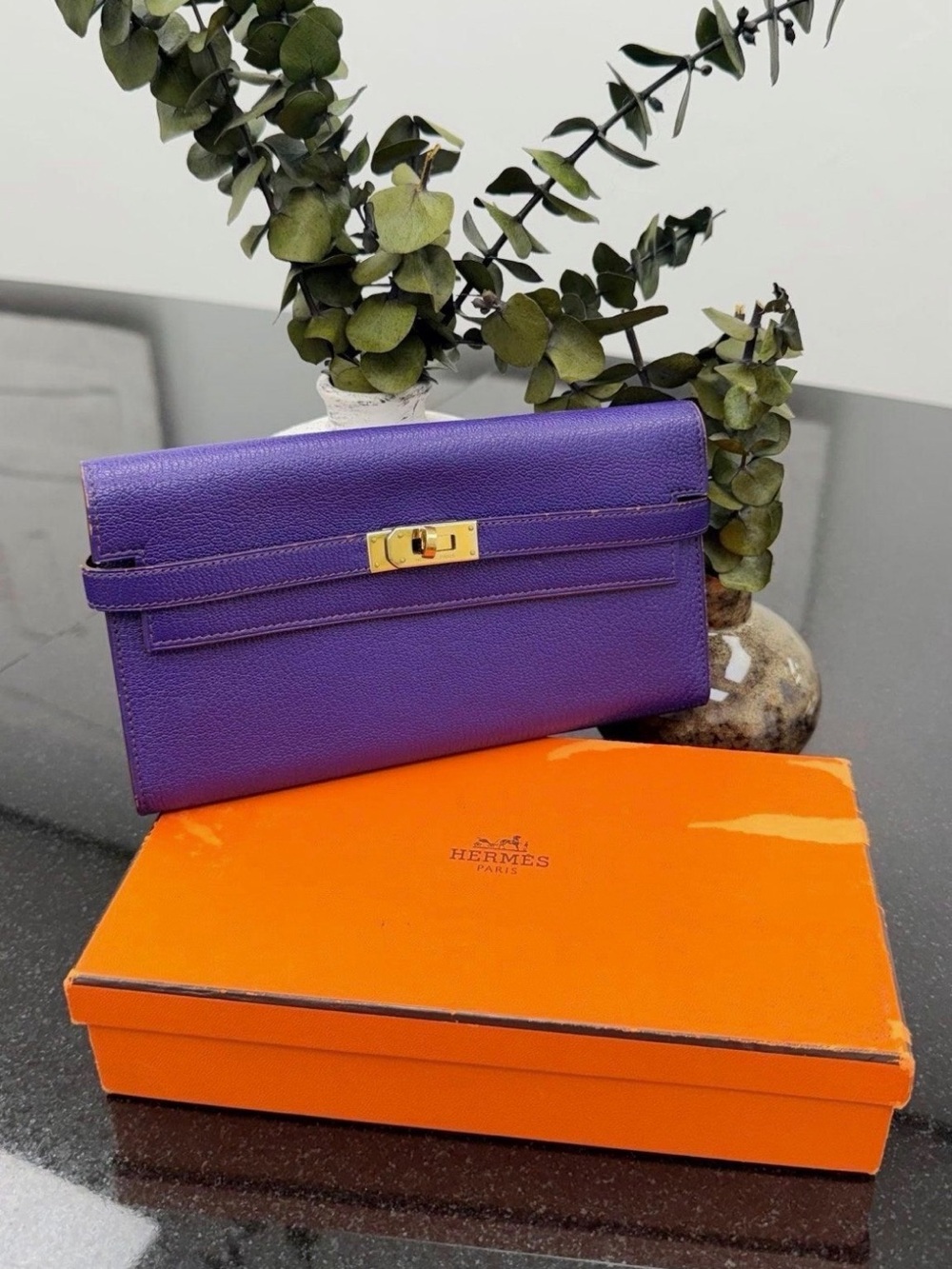 Authentic Hermes Purple Wallet with Gold Hardware
